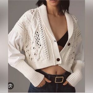 ANTHROPOLOGIE S Romantic Balloon Poet Sleeve Crop Cable Knit Bohemian Sweater